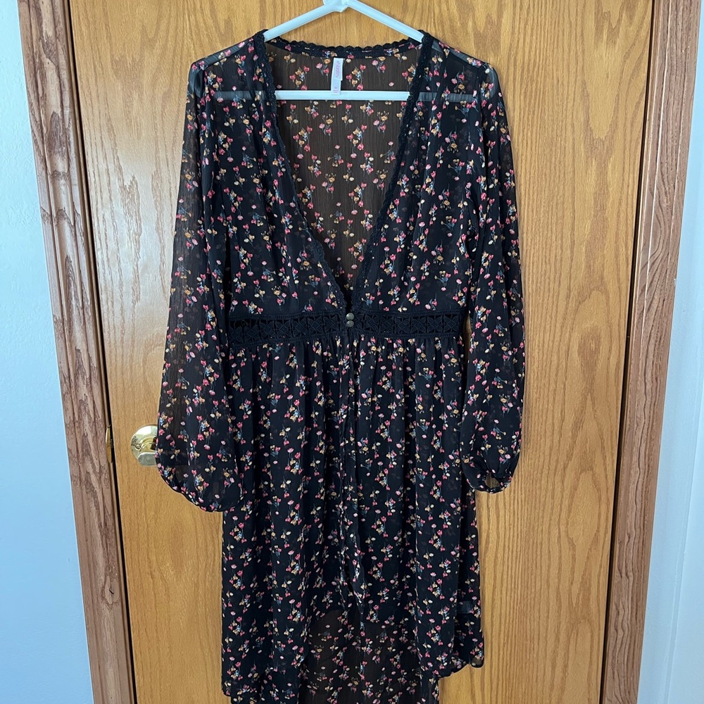 Xhilaration Black and Pink Floral Long Sleeve Cover Up